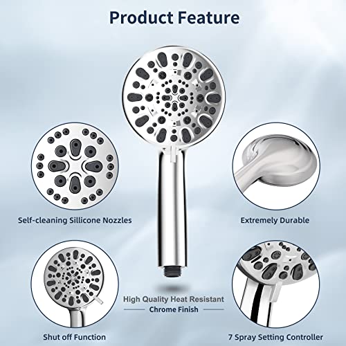 Hibbent 12 Inch Thickness Metal Rainfall Shower Head / Handheld Showerhead Combo With 12 Inch Adjustable Curved Shower Extension Arm, 7-Spray, 71 Inch Hose, Adhesive Showerhead Holder, Chrome #TOP7
