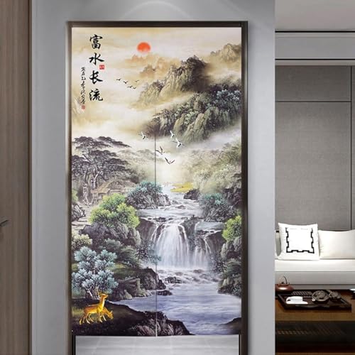ドアカーテン 戸口カーテン 突っ張り棒 山水画 中国風 風景画 和式 暖簾 のれん オシャレ 北欧風 可愛い 遮光 防寒 防音 遮熱 冷気遮断 飾り ロング丈 目隠し 間仕切り 玄関用 和室 洋室兼用 お風呂場 風呂 棚 脱衣所 洗面所 温泉 銭湯 キッチ