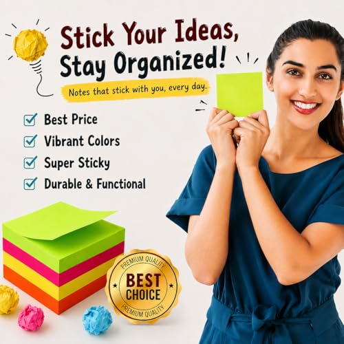 Image of (24 Pads) Sticky Notes 3x3 in 100 Sheets /Pad, Self-Sticky Note Pads, 6 Bright Colors Super Sticky Pads - Easy to Post for School, Office Supplies, Desk Accessories