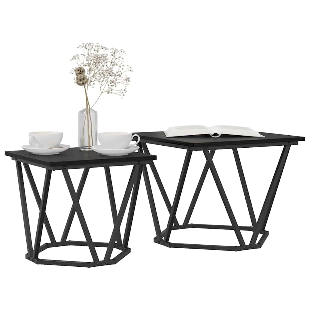 Juego de 2 mesas auxiliares hexagonales negras con marco de metal y tablero de madera para salón, diseño moderno