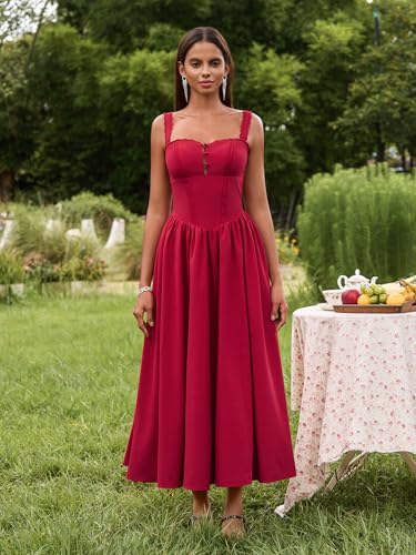 Image of KUTUMAI Women Summer Corset Midi Floral Wedding Guest Dresses with Pockets | Lace Neck, Smocked Back, Flowy A Line Sundress for 2026 Engagement Photoshoot Bridal Shower Garden Party