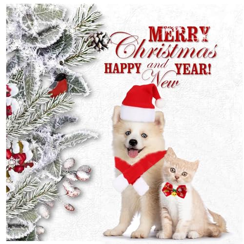 3 Stück Weihnachten Katzenkostüm Hundekostüm, Weihnachten Haustier Kostüm Set,Weihnachtsmütze Fliege Halsband,Schal, Haustier Weihnachtskleidung Hunde Katzen Kostüm Zubehör Set