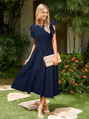 Image of Simplee Womens Striped Midi Summer Dress Linen Smocked Flutter Short Sleeve Dress Flowy Casual Dress with Pockets