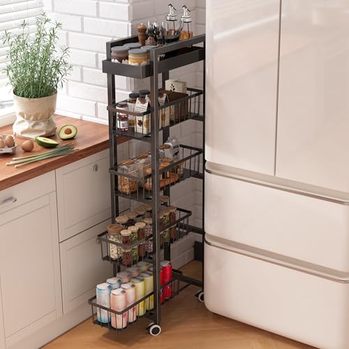 Ornestia Carro De Cocina De 5 Niveles, Carro Estrecho Con Ruedas, Carro Para Huecos, Carro De Servicio Con Ruedas Para Cocinas, Baños, Lavaderos, Dormitorios Y Otras Habitaciones Pequeñas Negro