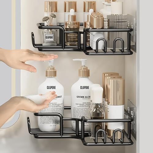 Image of CLAPONE Bathroom Corner Shower Caddy Set of 4, No Drill Self Adhesive Shower Organizer Shelves, Rustproof Metal Bathroom Storage Rack with Soap Holder & Toothbrush Holder, Black