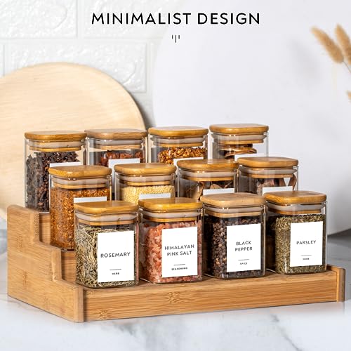 Image of TIENER Glass Jars Set, Square Spice Jars With Bamboo Lids And Customized Labels, 8Oz 12 Piece Small Food Storage Containers For Home Kitchen, Spice, Herbs, Seasoning, Seed, Tea, Sugar, Salt,Clear