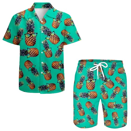 QiErDesign Camisas hawaianas para hombre, estilo casual, con botones, manga corta, pantalones cortos estampados, trajes hawaianos para la playa, Linda piña., Large