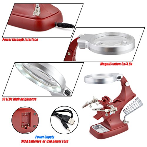 OLLGEN 10 LED Lighting 3X Main Lens 4.5X Accessorial Lens White Auxiliary Alligator Clip Magnifier Third Helping Hands Soldering Solder Iron Stand (Red)