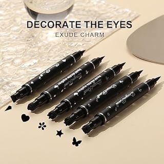 5Pcs Double tête Ensemble de stylos tampon liquide Eyeliner,Mat Crayon eye liner noir, Lazy Pochoirs d’eyeliners black Stamp eyeliner Pen Eye Tattoo Makeup-Triangle/Cœur/Étoile/Fleur/Papillon (A, M)