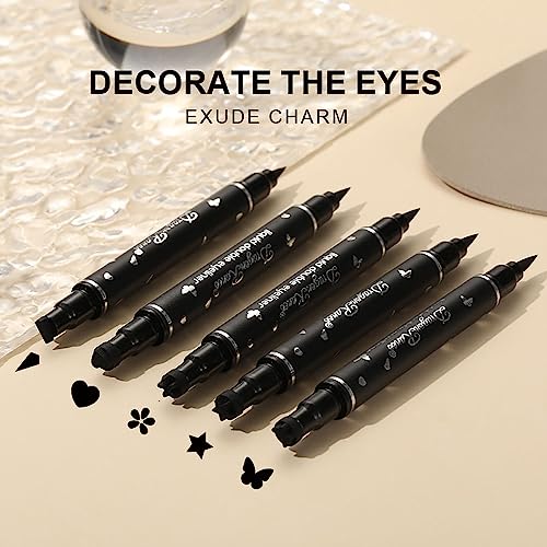 5Pcs Double tête Ensemble de stylos tampon liquide Eyeliner,Mat Crayon eye liner noir, Lazy Pochoirs d’eyeliners black Stamp eyeliner Pen Eye Tattoo Makeup-Triangle/Cœur/Étoile/Fleur/Papillon – Image 4