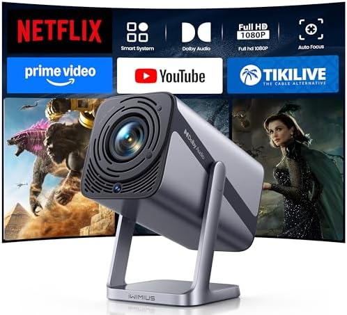 [Built-in Apps & 4K Support & Auto Focus]- Smart Projector with WiFi 6 and 2-Way Bluetooth, Dolby Audio/ Auto Keystone/Zoom,360°Adjustable Stand, iWIMIUS Mini Portable Outdoor Proyector w/ HDMI ARC