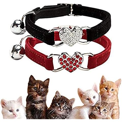Lovely Kitten Collar,Soft Velvet Cat Collar with Removable Bell and Safety Buckle,Adjustable with Crystal Heart Charm Collar Size 8-10 Inch(Red+Black) Cover