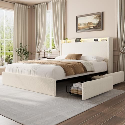SLEKVERSA Queen Boucle Bed Frame with Charging Station, Cloud Bed Frame with RGB LED Light...