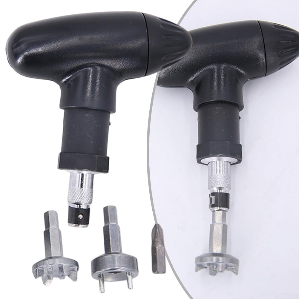 Chiave a cricchetto con manico in plastica e punta a 2 rebbi, in acciaio inox, design compatto, colore nero
