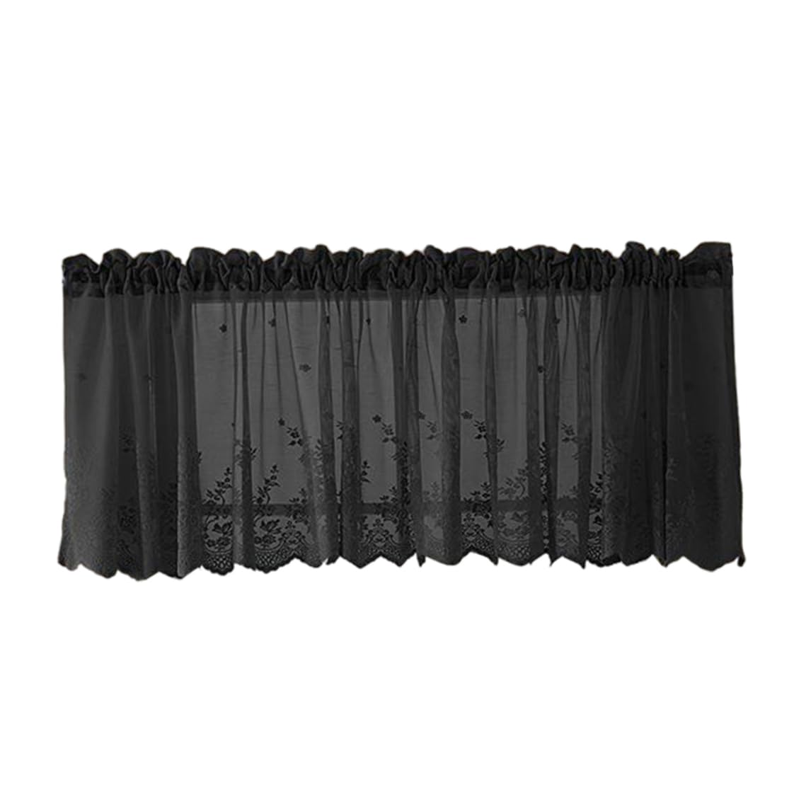 CAKEEYUM Sheer Valance Curtain Kitchen Window Short Lace Curtains Floral Pocket Top Tulle Black 130x41CM short lace curtains sheer valance curtain transparent drapery kitchen window floral shee