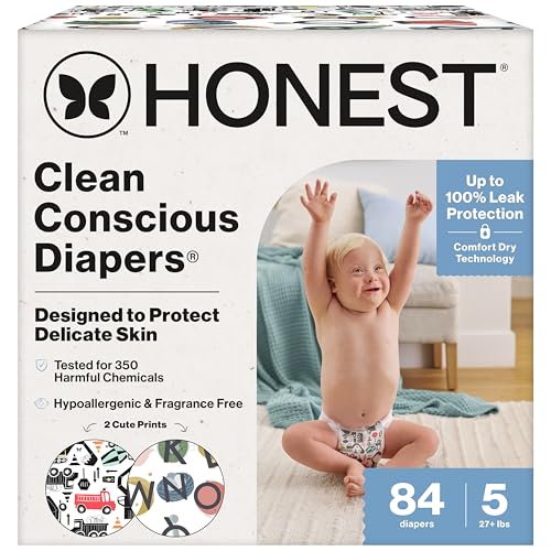 Image of The Honest Company Clean Conscious Diapers for Sensitive Skin, Up to 100% Leakproof Hypoallergenic Fragrance-Free Baby Diapers, Gender Neutral Prints, Super Club Box, Size 5 (27+ lbs), 84 Count