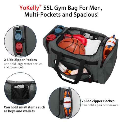 Image of Gym Bag 22 inch Sport Duffle Bag for Men, Dark Grey | 55L, Large Capacity, Multi Pockets, Weekender, Travel, 22 inchx12 inchx13 inch
