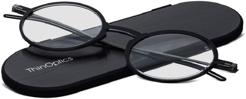 ThinOptics Manhattan Reading Glasses Black Frames With Milano Magnetic Case - 1.50 Strength Thin Lightweight Compact Round Readers