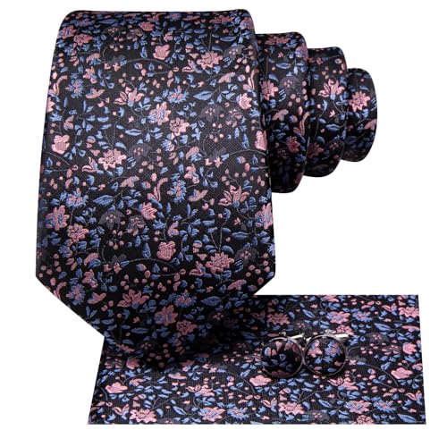 Image of Hi-Tie Paisley Floral Ties Set for Men Silk Mens Stripes Necktie Pocket Square Cufflinks Set Formal Business