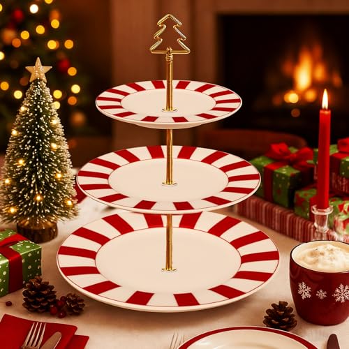 Lallisa Christmas 3 Tier Cake Stand 10", 9" and 7" Ceramic Red and White Striped Tiered Serving Tray Dessert Cupcake Display Holder Tower for Christmas Holiday Tea Party Decorations