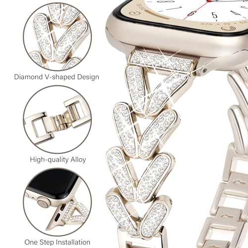 Melyis Luxury Band Compatible with Apple Watch Bands for Women 40mm 41mm 38mm Series 9 8 SE 7 6 5 4 3 2 1, Thin Metal Fancy Strap for Apple Watch Band Womens, Woman Dressy iWatch Bands-Starlight