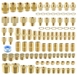 102PCS Brass Pipe Fittings Assortment Kit NPT Adapter,Hex Nipple,Reducer Bushing,Hex Coupling, Reducer Busing, Close Nipple, Hex Head Plug,BulkHead Nut&Hex Countersunk Plug NPT Fittings Kits
