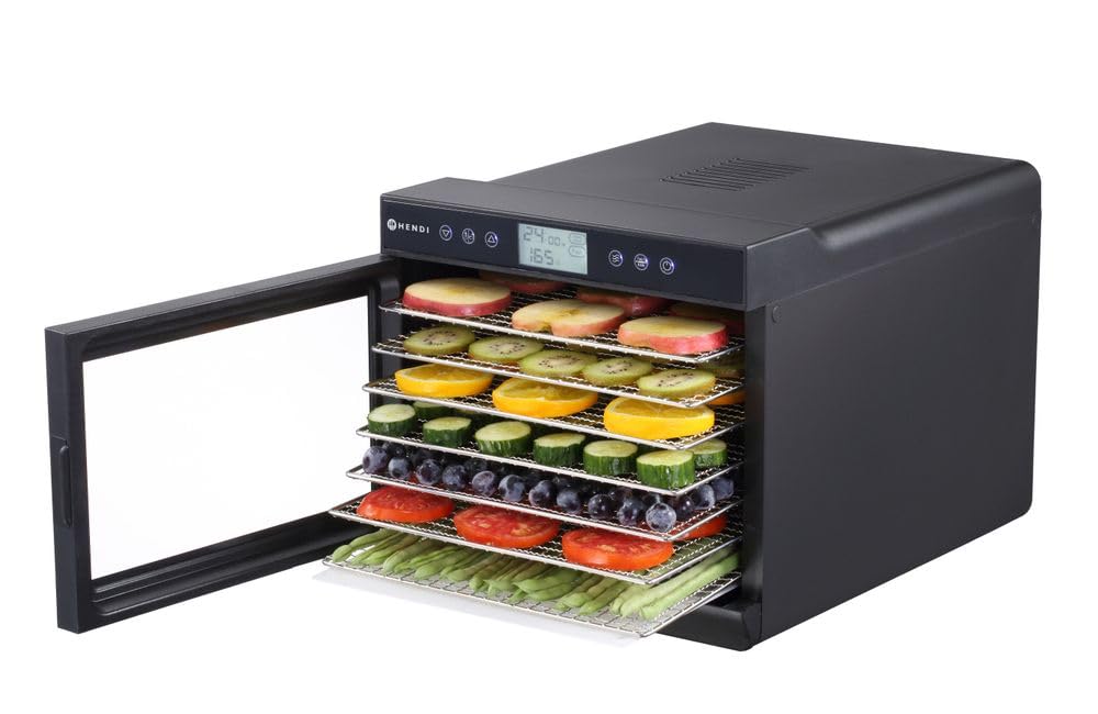 HENDI Dörrautomat, mit 7 Gittern, ideal zum Dörren von Obst, Gemüse und Fleisch, Digitales Bedienfeld, Timer, Temperatur einstellbar von 35ºC bis 70ºC, 230V/460W, 345x450x(H)315mm, Polypropylen