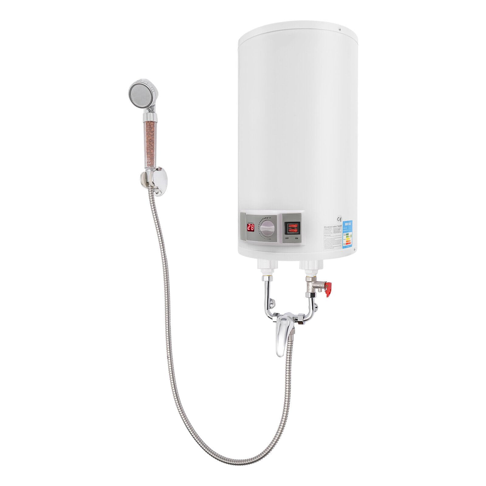 Chauffe-eau électrique 2000 W, chauffe-eau de 50 litres, réservoir mural, chaudière, bouilloire, LED et thermomètre, avec unité de douche et protection contre les fuites.