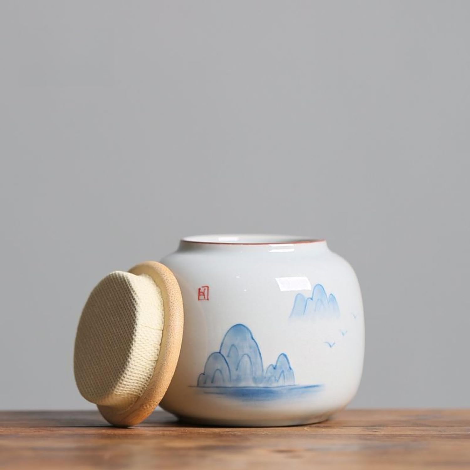 Hand-drawn Ceramics Tea Canister, 200ml 6.8oz, Portable Household Storage Tank Sealed Jar