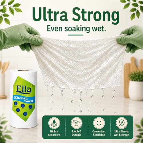 Image of Ella 2 Ply Kitchen Tissue /Towel Paper Roll Soft and Highly Absorbent - 6 Rolls (60 Pulls Per Roll 360 Sheets)