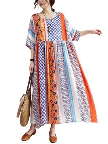 Image of Women Summer Dress with Pockets Plus Size Boho Floral Print Round Neck Loose Casual Flowy Dress