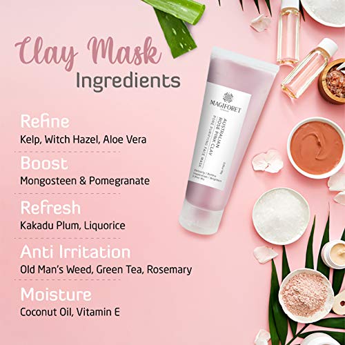 Magiforet Australian Pink Clay Mask, Clay Mask, Exfoliating Facial Mask, Acne Treatment Brighten Skin Minimize Pores, For Oily, Combination, Sensitive Skin, Blackheads, Vegan Formula #TOP4