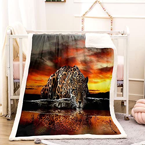 Kuscheldecke Flanell Decke 130X150Cm 3D Drucken Microfaser Weich Flauschige Warm Plüsch Wohndecke Sonnenuntergang Tier Leopard Muster Tagesdecke Fleecedecke Winterdecke Für Sofa Und Bett – Bild 3