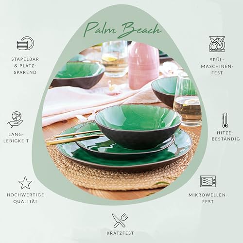 Sänger | Teller Set Palm Beach 12 tlg, Geschirrset 4 Personen, Geschirr Steingut, Dinner Set inkl. Speiseteller Dessertteller & Tiefe Teller Grün Schwarz mit Braunem Farbverlauf | PREMIUM COLLECTION
