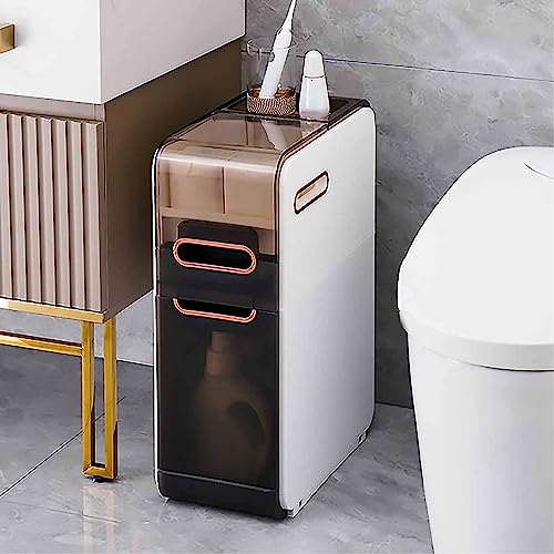 Armario de almacenamiento moderno y delgado con soporte para papel higiénico, color blanco, armario alto con cajones deslizantes para cocina, lavandería, sala de estar, gran capacidad y ahorro de