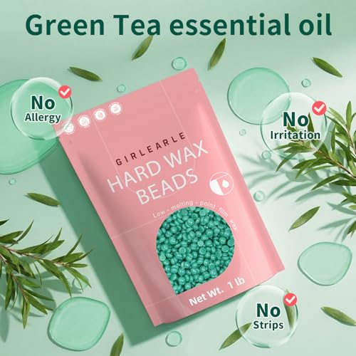 Image of GIRLEARLE 1LB Hard Wax Beads for Hair Removal, Hard Wax Beads with Green Tea Formula, Wax Beads for Brazilian Waxing & Sensitive Skin, Stripless Hard Wax for Bikini, Face & Body At-Home Waxing