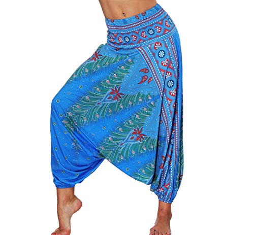 Damen Haremshose Baggy Hippie Boho Gemustert High Festival Mode Taille Gesmokte Taille Niedriger Schritt Loungehose Breites Bein für Yoga Gr. One size, blau Cover