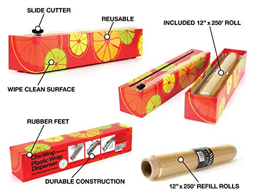 ChicWrap Citrus Refillable Plastic Wrap Dispenser with Slide Cutter and 250' of Professional BPA Free Plastic Wrap