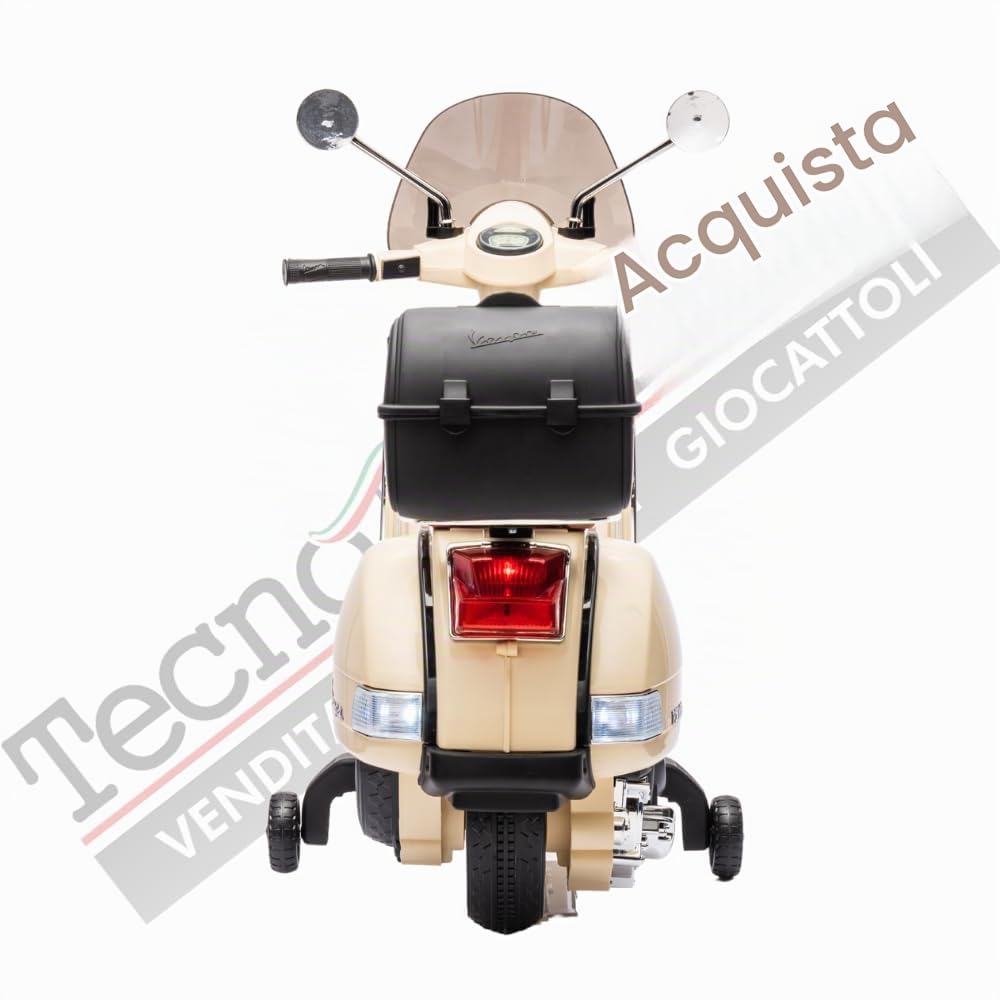 Tecnobike Shop Moto Elettrica per Bambini Piaggio Vespa PX 150 12v Full Parabrezza e Bauletto Luci Suoni LED Mp3 (Crema)