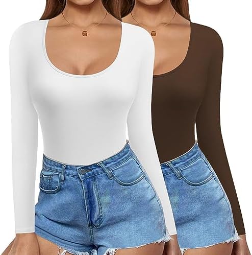 Ekouaer Langarmshirt Damen 2er Pack Thermoshirt U-Ausschnitt Top XS-XXL | Weich, Hochelastisch, Figurbetont, Dünn, Dehnbar, Einfarbig, Winter, Freizeit, Slim Fit, Basic