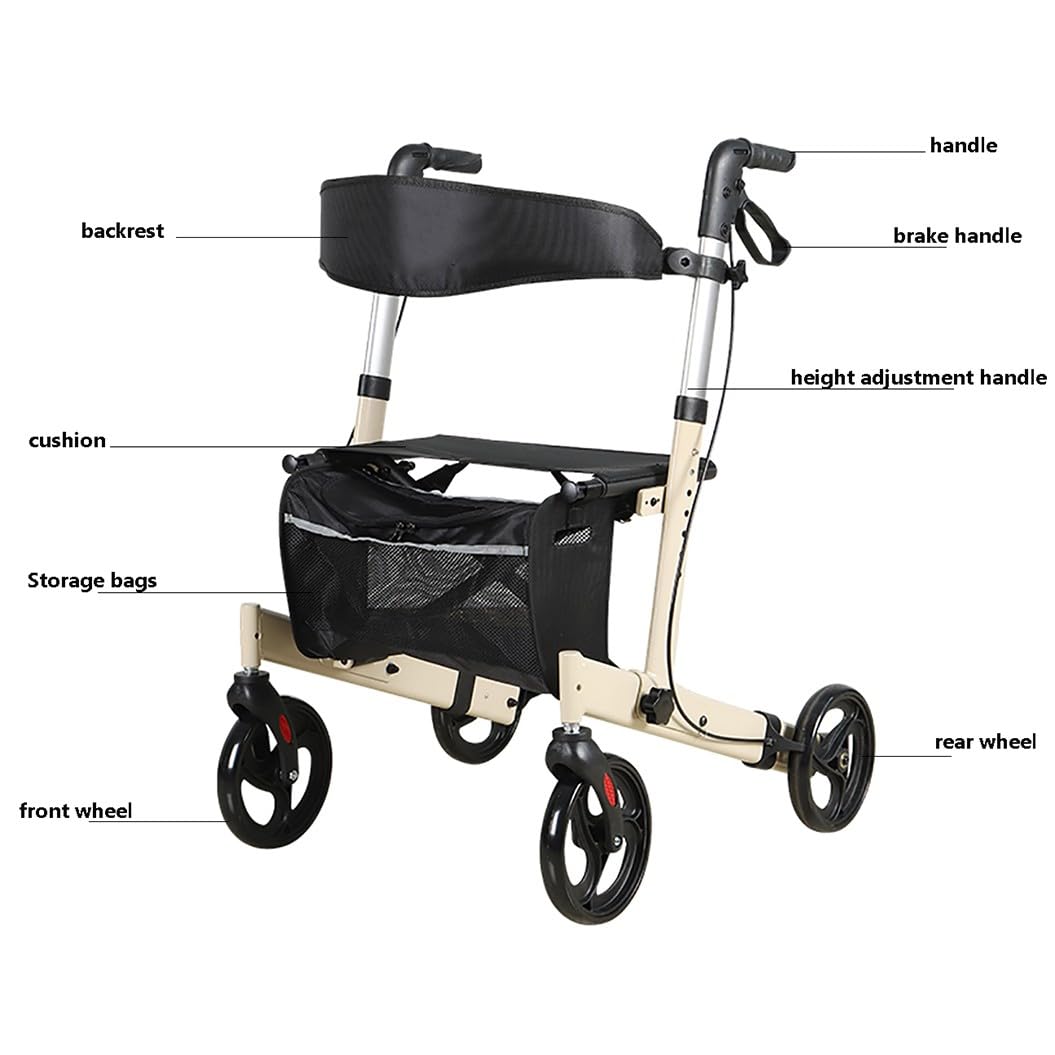 Andador para Ancianos Todoterreno,Andador para Exteriores de Aluminio,Andador plegable ligero,altura ajustable,Para uso exterior e interior Beige