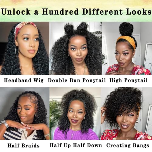 Image of Celiarita Curly Half Wig Human Hair 3 In 1 Seamless Flip Over Half Wigs Human Hair 200 Density Glueless Wear and Go Deep Wave Headband Wig Human Hair Drawstring Wigs for Black Women 16 Inch