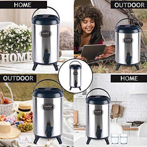 Image of CELLO Jaguar Vacuum Insulated Thermos Water Jug for Kitchen 8 Litre Grey | Easy to Fill & Clean Wide Mouth, Press and Pour Tap Double Wall Hot and Cold Stainless Steel Water Jug for Picnic and Office