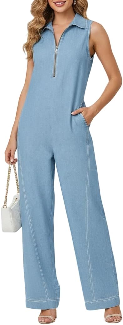 Womens Zip Up Stand Collar Jumpsuit Sleeveless Wide Leg One Piece Summer Dressy Jumpsuits with Contrast Stitching