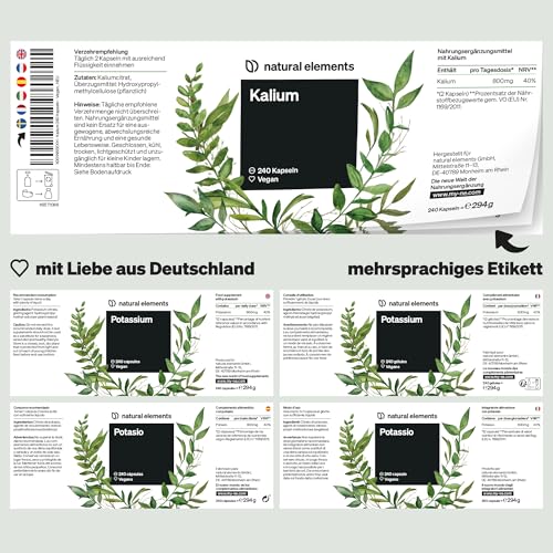 natural elements Kalium – 240 Kapseln mit 800 mg elementarem Kalium (aus Kaliumcitrat) pro Tagesdosis – für Blutdruck, Muskelfunktion & Nervensystem – vegan, hochdosiert, ohne Zusätze 5