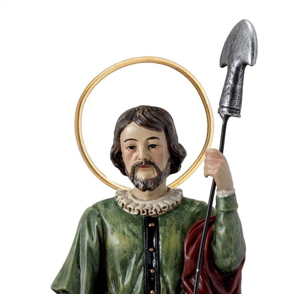 San Isidro Labrador Figura 20 cm. Resina con bueyes Detalle ángel patrón de los labradores