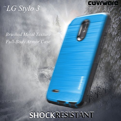 Covrware Iron Tank Case Compatible With Lg Stylo 3 / Stylo 3 Plus With Built-In Screen Protector Heavy Duty Full-Body Rugged Holster Armor Cover Brushed Metal Texture Design Belt Clip Kickstand, Blue #TOP6