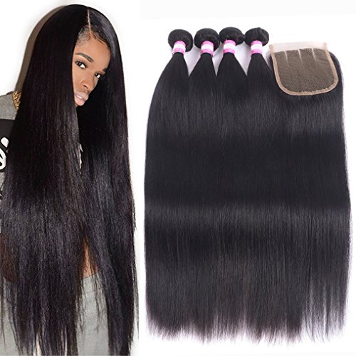 8A Brazilian Remy Hair With Lace Closure Straight Human Hair 4 Bundles Weave With 4x4 Closure Unprocessed Virgin Straight Hair Extension Natural Color (20 22 24 26+Closure 18,Three Part)