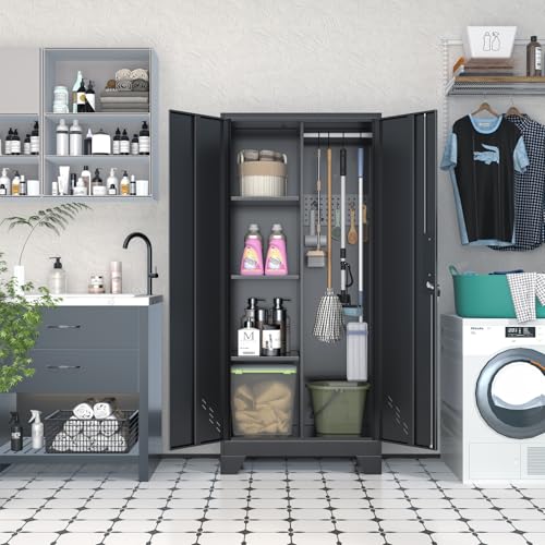 Image of 61 inch H Garage Cabinets, Metal Storage Cabinet with Lockable Doors and Pegboard, Utility Closet for Brooms and Mops, Tool Cabinets for Home Office Laundry Room Living Room
