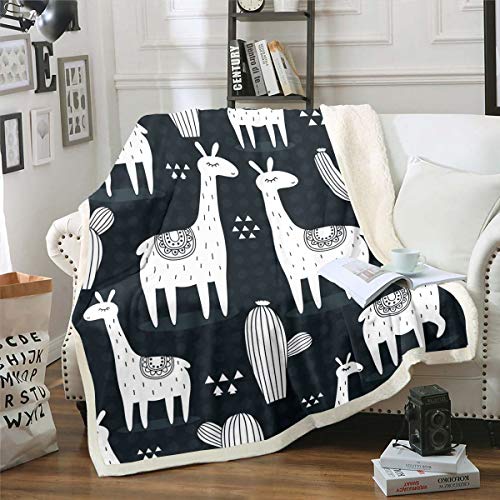 Loussiesd Cute Llama Throw Blanket for Couch Sofa Travel Cartoon Llama Alpaca Fleece Blankets Decorative Cactus Printed Sherpa Blankets Black White Animal Theme Plush Throw Blankets Single 50"x60"